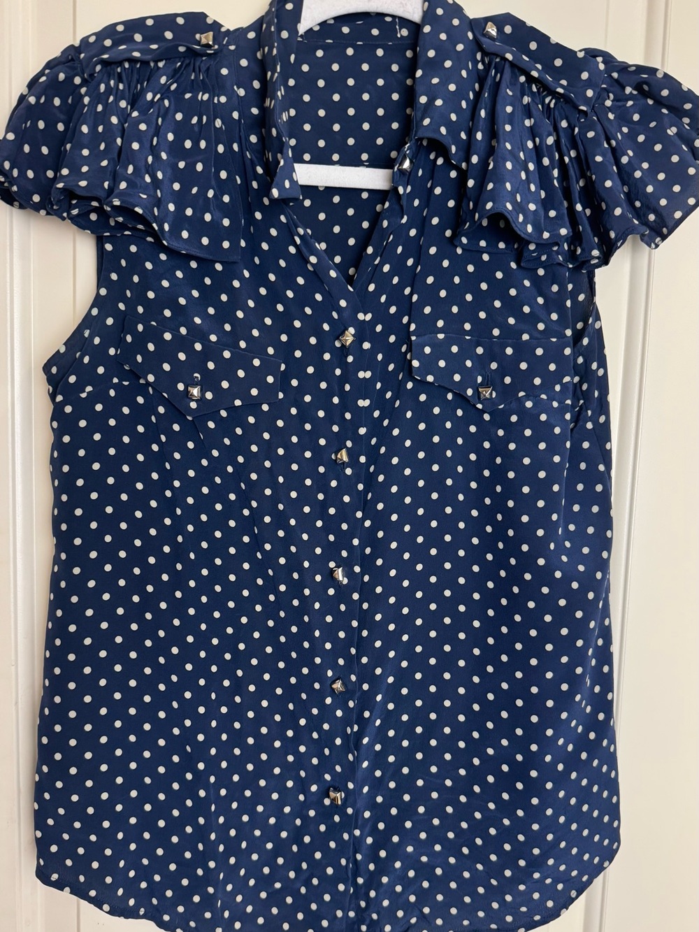 Benson 100% Silk Navy Polka Dot Ruffle Blouse Size 8